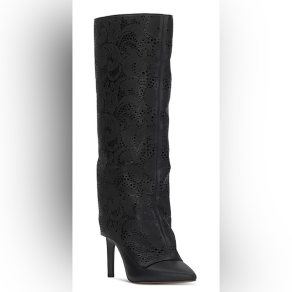 Jessica Simpson black Brykia perforated laser cut lace Cuffed knee hi Boots sz11 - Picture 6 of 6